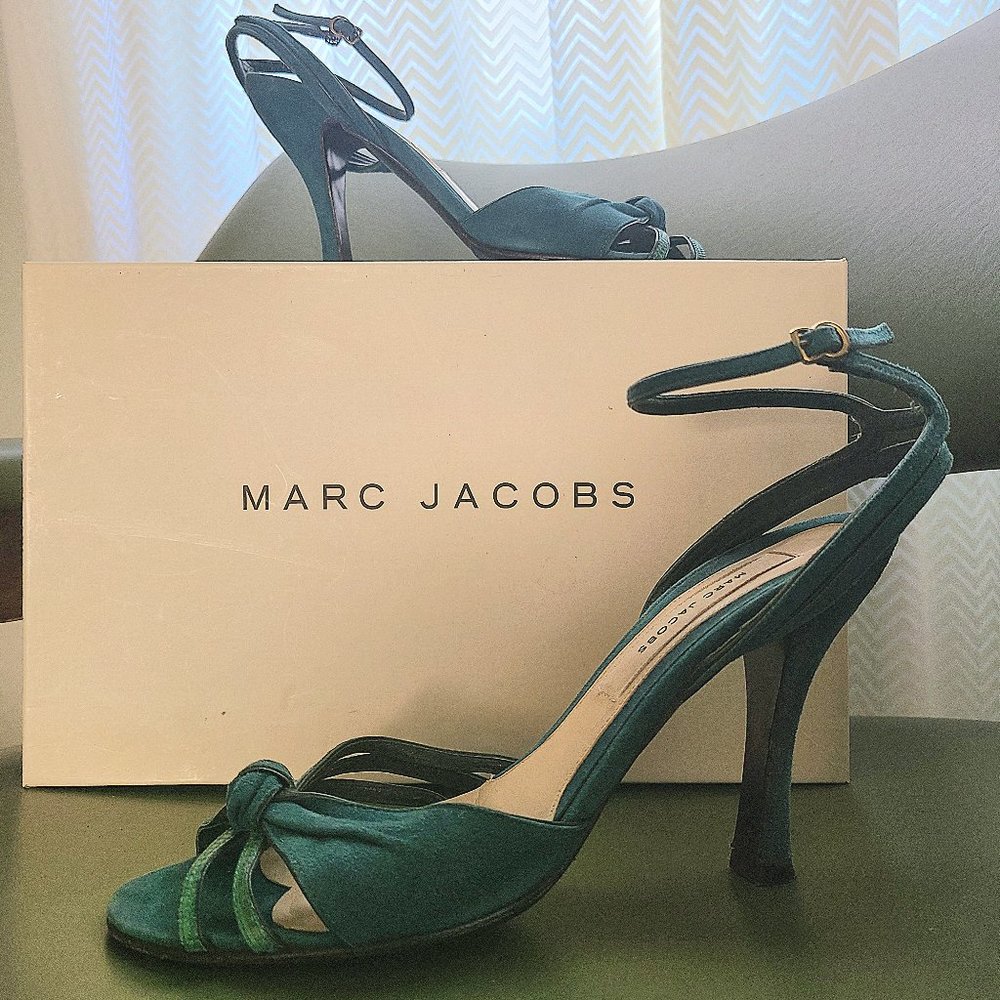 Marc Jacobs Blue Teal Suede & Leather High Heel Knot Front Ankle Strap Sandals
